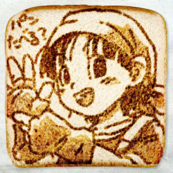 Rule 34 | 1990s (style), 1girl, bread, bread slice, dragon ball, dragon ball gt, female focus, fingerless gloves, food, gloves, looking at viewer, lowres, miecat-can, pan (dragon ball), pun, retro artstyle, smile, solo, the bread art project, toast, too literal, translation request