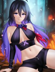 Rule 34 | 1girl, arm support, black hair, black shorts, breasts, colored inner hair, commentary, crop top, gigamessy, highres, honkai: star rail, honkai (series), long hair, looking at viewer, medium breasts, midriff, multicolored hair, navel, purple eyes, purple hair, seele (honkai: star rail), short shorts, shorts, sitting, solo, stomach, very long hair