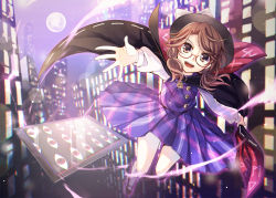 Rule 34 | 1girl, brown eyes, brown hair, building, cape, card, city, cityscape, clothes writing, dress, facing viewer, floating, flying, full body, full moon, glasses, hat, hat ribbon, kaede (mmkeyy), kneehighs, long sleeves, looking at viewer, low twintails, mary janes, moon, night, open mouth, outdoors, outstretched arms, plaid, plaid dress, quimbaya airplane, red-framed eyewear, ribbon, runes, semi-rimless eyewear, shoes, short hair, skyscraper, smile, socks, solo, tablet pc, touhou, twintails, under-rim eyewear, upskirt, usami sumireko, vest, white socks
