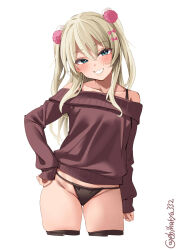 Rule 34 | 1girl, alternate costume, bare shoulders, black panties, black thighhighs, blonde hair, blue eyes, blush, bow, bra strap, breasts, brown sweater, collarbone, commentary request, contrapposto, cowboy shot, cropped legs, ebifurya, gluteal fold, grecale (kancolle), grin, hair between eyes, hair bow, hand on own hip, highres, kantai collection, long hair, long sleeves, looking at viewer, no pants, off-shoulder sweater, off shoulder, one-hour drawing challenge, panties, simple background, small breasts, smile, solo, sweater, teeth, thighhighs, thighs, thong, twitter username, two side up, underwear, white background