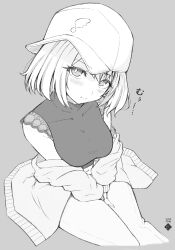 Rule 34 | 1girl, :t, baseball cap, blush, breasts, bright pupils, closed mouth, commentary request, dated, feet out of frame, greyscale, hat, highres, lace, lace-trimmed shirt, lace trim, looking at viewer, medium bangs, medium breasts, midriff, monochrome, nanashi inc., navel, official alternate costume, pants, shirt, shirt partially removed, short hair, sideways hat, simple background, sleeveless, sleeveless shirt, solo, temari rin, touri sei, touri sei (2nd costume), turtleneck, virtual youtuber