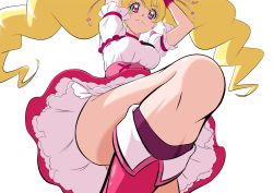 Rule 34 | 1girl, arms up, blonde hair, boots, breasts, choker, closed mouth, cure peach, dress, fresh precure!, fuchi (nightmare), knee boots, magical girl, medium breasts, momozono love, pink choker, pink eyes, pink footwear, precure, puffy short sleeves, puffy sleeves, short sleeves, simple background, solo, twintails, white background