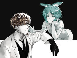 Rule 34 | 1boy, 1other, alternate species, animal ear fluff, animal ears, aqua eyes, aqua hair, aqua nails, arm rest, barbata, black gloves, black necktie, black vest, brown hair, closed mouth, collared shirt, commentary, crystal hair, english commentary, facial hair, gem uniform (houseki no kuni), gloves, goatee, hand on own cheek, hand on own face, head rest, houseki no kuni, lab coat, leaning forward, light smile, long sleeves, looking at another, moon uniform (houseki no kuni), nail polish, necktie, phosphophyllite, poking, puffy short sleeves, puffy sleeves, rabbit ears, shirt, short hair, short sleeves, sideburns, sideways glance, sleeves rolled up, smile, sparkle, vest, zakirsiz
