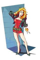 Rule 34 | 1girl, arc system works, blonde hair, breasts, cleavage, double dragon, earrings, full body, grin, jacket, jewelry, legs, long hair, marian kelly, red skirt, skirt, smile, standing