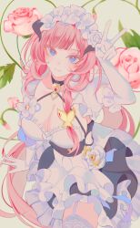 Rule 34 | 1girl, apron, black choker, black dress, blue eyes, breasts, butterfly hair ornament, choker, cleavage, clothing cutout, dogae, dress, elbow gloves, elysia (honkai impact), elysia (miss pink elf) (honkai impact), fake horns, floral background, flower, flower ornament, gloves, hair between eyes, hair ornament, hashtag-only commentary, highres, honkai (series), honkai impact 3rd, horns, large breasts, long hair, looking at viewer, maid, maid apron, maid headdress, pink flower, pink hair, pink pupils, pink rose, rose, side cutout, smile, solo, thighhighs, thighs, v, very long hair, white apron, white gloves, white thighhighs