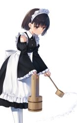 Rule 34 | 1girl, apron, black eyes, black hair, bow, breasts, bucket, closed mouth, detached sleeves, feet out of frame, frilled apron, frilled sleeves, frills, highres, holding, holding bucket, looking down, maid, maid apron, maid headdress, na-ga, original, pantyhose, short hair, simple background, small breasts, solo, standing, waist apron, water, watering, white apron, white background, white pantyhose, wide sleeves, wooden bucket