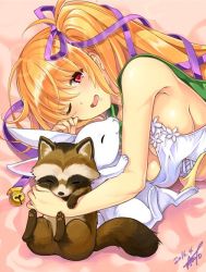 Rule 34 | 10s, 1girl, 2016, bow, breasts, city forest online, cleavage, dated, epidendrum (flower knight girl), flower knight girl, hair bow, hair ribbon, large breasts, long hair, lying, on side, one eye closed, orange hair, pink background, purple bow, purple ribbon, rabbit, raccoon, red eyes, ribbon, sample watermark, side ponytail, signature, smile, solo, watermark
