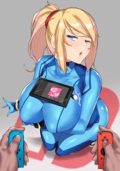 Rule 34 | 1girl, arm under breasts, aster crowley, blonde hair, blue bodysuit, blue eyes, bodysuit, breast hold, breasts, collarbone, handheld game console, high ponytail, highres, huge breasts, joy-con, looking at viewer, metroid, mole, mole under mouth, nintendo, nintendo switch, object on breast, open mouth, playing games, ponytail, pov, samus aran, seiza, sitting, skin tight, solo focus, swept bangs, tablet pc, turtleneck, zero suit