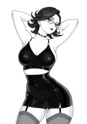 Rule 34 | 1girl, armpits, arms behind head, artist name, brassica, breasts, choker, cleavage, collarbone, commentary, cowboy shot, crop top, earrings, garter straps, glasses, greyscale, high-waist skirt, highres, jewelry, large breasts, monochrome, original, parted lips, short hair, skirt, solo, symbol-only commentary, thighhighs