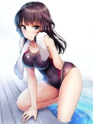 Rule 34 | 1girl, agatsuma kaede, alice gear aegis, black eyes, black hair, black one-piece swimsuit, breasts, collarbone, competition swimsuit, covered navel, doyouwantto, dripping, highres, large breasts, long hair, looking at viewer, one-piece swimsuit, pool, poolside, smile, solo, swimsuit, taut clothes, taut swimsuit, towel, towel around neck, wet, wet clothes, wet swimsuit, white towel