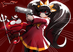 Rule 34 | 1girl, artist logo, ashley (warioware), awesomeerix, big hair, black hair, black pantyhose, bow, bowtie, commentary, cowboy shot, demon, demon horns, demon tail, demon wings, dress, english commentary, gun, hair ornament, handgun, holding, horns, long hair, long sleeves, looking to the side, m1911, nintendo, orange bow, orange bowtie, outstretched arms, pantyhose, pointing gun, polearm, red (warioware), red background, red dress, red eyes, shaded face, sidelocks, swept bangs, tail, trident, twintails, very long hair, warioware, weapon, wings