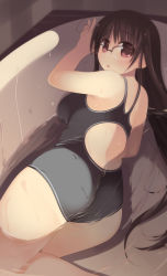 Rule 34 | 1girl, ahoge, arima senne, ass, bathtub, breasts, brown hair, competition swimsuit, curvy, glasses, kashiwamochi yomogi, long hair, looking at viewer, looking back, lying, medium breasts, on back, one-piece swimsuit, original, plump, red eyes, solo, swimsuit, water