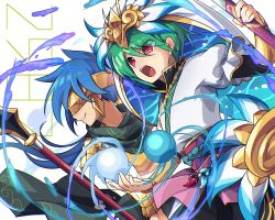 Rule 34 | 2boys, armor, blue hair, brothers, green hair, grin, headdress, highres, japanese clothes, kozakura (dictionary), magatama, male focus, mask, multiple boys, obi, open mouth, polearm, puzzle &amp; dragons, red eyes, sash, scarf, siblings, smile, spear, sword, umisachi &amp; yamasachi (p&amp;d), water, weapon