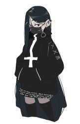 Rule 34 | barbell piercing, black eyes, black hair, black hoodie, black thighhighs, clothes writing, commentary, cross, ear piercing, earclip, earrings, english commentary, goth fashion, hair behind ear, hands in pockets, highres, hood, hoodie, industrial piercing, inverted cross, jewelry, long hair, looking at viewer, mask, mouth mask, multiple earrings, original, oshii (suwafro), parted hair, piercing, round eyewear, sideways glance, simple background, straight hair, suwafro, thighhighs, very long hair, white background, zettai ryouiki