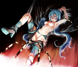 Rule 34 | 1girl, aqua eyes, aqua hair, blood, blush, boots, breasts, bug, censored, cuts, green ponpoko (module), hatsune miku, high heel boots, high heels, injury, long hair, mosaic censoring, navel, nipples, open mouth, project diva (series), restrained, silk, small breasts, solo, spider, spider web, sweat, teeth, thighhigh dangle, thighhighs, torn clothes, tsukishiro saika, vocaloid, wide-eyed