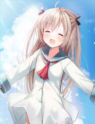 Rule 34 | 1girl, :d, ^ ^, ahoge, atri, atri-my dear moments-, black ribbon, blue sailor collar, blue sky, blush, closed eyes, cloud, commentary, cowboy shot, crossed bangs, day, dress, english commentary, facing viewer, hair between eyes, hair ribbon, happy, highres, long hair, long sleeves, neckerchief, open mouth, outdoors, red neckerchief, ribbon, sailor collar, sailor dress, sky, smile, solo, standing, straight hair, takepoison, two side up, very long hair, water drop, white dress
