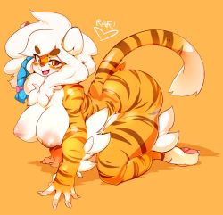 Rule 34 | 1girl, breasts, buxbi, cat girl, claws, fangs, furry, furry female, heart, large areolae, large breasts, looking at viewer, open mouth, orange background, puffy nipples, ribbon, slugbox, smile, solo, text focus, tiger girl, white hair