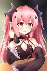 Rule 34 | 1girl, bare shoulders, black dress, commentary request, detached sleeves, dress, endsmall min, fang, hair ornament, highres, krul tepes, long hair, looking at viewer, owari no seraph, pink hair, pointy ears, red eyes, ribbon, smile, solo, very long hair