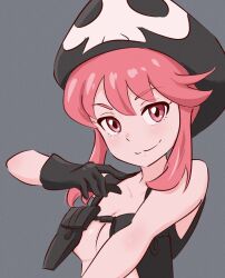 Rule 34 | 1girl, :3, bare shoulders, beret, black gloves, black hat, breasts, chest harness, cleavage, close-up, closed mouth, collarbone, commentary, film grain, gloves, grey background, hair up, hand up, harness, hat, highres, holster, jakuzure nonon, kill la kill, looking at viewer, medium breasts, nudist beach uniform, pink eyes, pink hair, portrait, revealing clothes, shoulder holster, sidelocks, simple background, skull print, smile, smug, solo, tsunemoku