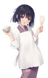 Rule 34 | 1girl, :d, apron, black hair, blush, bowl, brown eyes, commentary request, feet out of frame, hair ribbon, hands up, highres, holding, holding bowl, holding spoon, japanese clothes, kappougi, kimono, long sleeves, looking at viewer, na-ga, open mouth, original, pink kimono, pink ribbon, ribbon, rice bowl, shamoji, short hair, sidelocks, simple background, sleeves rolled up, smile, solo, spoon, standing, white apron, white background