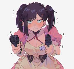 Rule 34 | 1girl, absurdres, blush, breasts, brown hair, chainsaw man, cleavage, dual wielding, gun, higashiyama kobeni, highres, holding, holding gun, holding weapon, kokomi (aniesuakkaman), large breasts, looking at viewer, maid, mole, mole under eye, mole under mouth, name tag, parted lips, puffy short sleeves, puffy sleeves, short hair, short sleeves, short twintails, sidelocks, solo, twintails, weapon