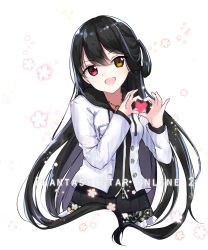 Rule 34 | 1girl, :d, black hair, black skirt, blush, character request, copyright name, drawstring, floral background, frilled skirt, frills, glowing, head tilt, heart, heart hands, heterochromia, highres, jacket, jewelry, kinatsu ship, long hair, long sleeves, looking at viewer, miniskirt, necklace, open clothes, open jacket, open mouth, pendant, phantasy star, phantasy star online 2, red eyes, skirt, smile, solo, straight hair, tareme, unbuttoned, upper body, very long hair, white background, white jacket, yellow eyes, zipper, zipper pull tab