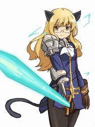 Rule 34 | 1girl, animal ears, armor, bad id, bad pixiv id, blonde hair, electricity, gauntlets, glasses, gloves, jankey4649, long hair, military, military uniform, pantyhose, perrine h. clostermann, shibasaki shouji, simple background, solo, strike witches, sword, tail, uniform, weapon, world witches series, yellow eyes