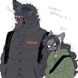 Rule 34 | 1boy, 1girl, animal ear fluff, animal ears, backpack, bag, black-framed eyewear, black bag, black fur, black hair, black jacket, body fur, cat ears, cat girl, closed eyes, commentary request, dog boy, dog ears, fangs, furry, furry female, furry male, glasses, green hoodie, grey fur, hands in pockets, highres, hood, hood down, hoodie, jacket, long hair, looking at viewer, open mouth, original, rata (norahasu), sharp teeth, shoulder bag, simple background, squeans, teeth, tongue, tongue out, translation request, upper body, whiskers, white background, yawning, yellow eyes
