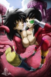 Rule 34 | 2girls, absurdres, aqua eyes, artist name, ass, black hair, blue sky, blush, body fur, boots, breast press, breasts, breasts out, canyon, cloud, dragon ball, dragon ball gt, dragon ball minus, dragonball z, earrings, elite nappa, facing viewer, full body, gine, gloves, grin, hand up, happy, highres, jewelry, large breasts, leaning forward, looking at viewer, medium hair, monkey tail, multiple girls, nappa, outdoors, parted lips, saiyan, scouter, seripa, shy, skirt, sky, smile, smirk, spiked hair, standing, super saiyan, super saiyan 4, symmetrical docking, tail, teeth, topless, white gloves, yellow eyes