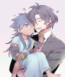 Rule 34 | 2boys, ;|, aged down, barefoot, black gloves, black hair, black jacket, black necktie, blue hair, blue robe, carrying, child carry, closed eyes, collared shirt, constantine xi (fate), dark-skinned male, dark skin, earrings, elbow gloves, fate/grand order, fate (series), gloves, green background, hair between eyes, hand on another&#039;s chin, jacket, jewelry, long hair, looking at another, male focus, motion lines, multiple boys, musical note, necktie, nukaduke000, parted lips, pendant, pink background, red eyes, red gloves, red sash, red vest, robe, romulus quirinus (fate), sash, shirt, short hair, smile, two-tone background, upper body, vest, white shirt