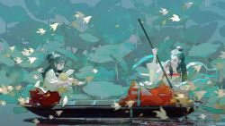Rule 34 | 2girls, bird, black eyes, black hair, boat, child, closed mouth, day, flock, from side, full body, hair bun, hakama, hakama pants, highres, holding statuette, japanese clothes, leaf, long hair, long sleeves, looking at another, miko, multiple girls, open mouth, original, outdoors, pants, pink lips, red hakama, red pants, redum4, ripples, river, rowing, shirt, simple bird, single hair bun, sitting, smile, squatting, straight hair, too many, too many birds, watercraft, white bird, white shirt, white sleeves, wide sleeves