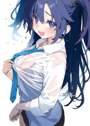Rule 34 | 1girl, black bra, black skirt, blue archive, blue necktie, blush, bra, breasts, buttons, collared shirt, cowboy shot, dated, fang, hair between eyes, highres, large breasts, long hair, looking at viewer, mokyutan, necktie, open mouth, pleated skirt, purple eyes, purple hair, see-through, see-through shirt, shirt, simple background, skin fang, skirt, solo, twitter username, two side up, underwear, wet, wet clothes, wet shirt, white background, white shirt, yuuka (blue archive)