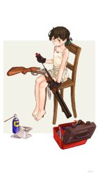 Rule 34 | 1girl, barefoot, bloomers, brand name imitation, brown hair, camisole, chair, cleaning, cleaning weapon, commentary, failure penguin, gloves, gun, highres, kantai collection, kasuga maru (kancolle), kuro4221, miss cloud, orange eyes, shotgun, simple background, sitting, solo, toolbox, underwear, wd-40, weapon