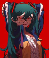 Rule 34 | 1girl, ahoge, arms behind head, breasts, cleavage, glasses, glowing, glowing eyes, green hair, green nails, hair between eyes, half-closed eyes, hatsune miku, highres, long hair, looking at viewer, medium breasts, nail polish, open mouth, red background, red eyes, round eyewear, smile, solo, twintails, unn1666, upper body, very long hair, vocaloid, zipper