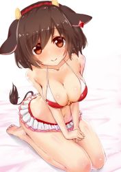 Rule 34 | 1girl, animal ears, barefoot, bed sheet, bikini, blush, breasts, brown hair, cleavage, closed mouth, collarbone, commentary request, cow ears, cow horns, cow tail, earrings, frilled bikini, frills, hands on lap, highres, holmy (show by rock!!), horns, jewelry, looking at viewer, looking up, medium breasts, navel, on bed, red bikini, red eyes, saezu habaki, seiza, shiny skin, short hair, show by rock!!, sitting, smile, solo, swimsuit, tail, v arms