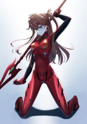 Rule 34 | 1girl, absurdres, arm up, artist request, blue eyes, bodysuit, breasts, cowboy shot, dated, from side, hair between eyes, highres, holding, holding hair, holding weapon, interface headset, kneeling, lance of cassius, long hair, looking at viewer, neon genesis evangelion, orange hair, parted lips, pilot suit, plugsuit, polearm, red bodysuit, shiny clothes, skin tight, solo, souryuu asuka langley, standing, twintails, two side up, uneven eyes, very long hair, weapon, wide hips