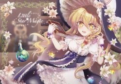 Rule 34 | 1girl, black dress, black hat, blonde hair, blurry, blurry background, book, braid, commentary request, depth of field, dress, english text, flask, flower, frilled sleeves, frills, gloves, half gloves, hat, highres, holding, holding book, kirisame marisa, lily (flower), long dress, long hair, looking at viewer, mochi547, open mouth, puffy short sleeves, puffy sleeves, short sleeves, side braid, smile, solo, standing, touhou, witch hat, yellow eyes