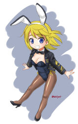 Rule 34 | 1girl, :d, animal ears, black bow, black bowtie, black footwear, black jacket, blonde hair, blue eyes, blush, bow, bowtie, breasts, brown pantyhose, cleavage, earrings, ebifly, fake animal ears, fang, full body, grey background, high heels, jacket, jewelry, leotard, long sleeves, looking at viewer, medium breasts, open clothes, open jacket, open mouth, original, pantyhose, playboy bunny, rabbit ears, shoes, smile, solo, traditional bowtie, twitter username