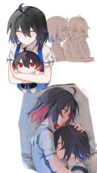 Rule 34 | 2girls, absurdres, ahoge, artist name, black hair, blue hair, blush, character doll, closed eyes, closed mouth, colored inner hair, commentary, doll, english commentary, hair between eyes, hand on another&#039;s head, highres, holding, holding doll, honkai (series), honkai impact 3rd, lying, misaki d3su, multicolored hair, multiple girls, red eyes, red hair, seele (alter ego), seele vollerei, seele vollerei (swallowtail phantasm), shirt, tsundere, two-tone hair
