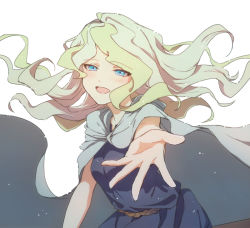 Rule 34 | 10s, 1girl, :d, blue eyes, blush, cape, diana cavendish, dress, half-closed eyes, little witch academia, long hair, looking at viewer, open mouth, pov, reaching, reaching towards viewer, shake sawa, simple background, smile, solo, white background, white hair