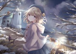 Rule 34 | 1girl, bare tree, beret, blue eyes, blue hat, blue skirt, branch, cat, cloud, coat, dutch angle, expressionless, fence, from side, hat, highres, holding, holding lantern, hood, hood down, hooded coat, hoshiibara mato, lantern, light brown hair, lighthouse, looking at viewer, looking back, mountain, night, ocean, original, outdoors, pink coat, pleated skirt, short hair, skirt, sky, snow, solo, star (sky), starry sky, tree, wind, wind lift, wooden fence