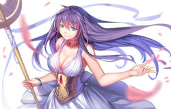 Rule 34 | 1girl, athena, bad id, bad pixiv id, blue eyes, blush, breasts, choker, cleavage, dress, large breasts, long hair, looking at viewer, pen (steelleets), purple hair, saint seiya, saint seiya: the lost canvas, sasha (saint seiya: the lost canvas), simple background, smile, solo, staff, very long hair, white background