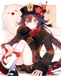 Rule 34 | 1girl, :3, blush, boo tao (genshin impact), brown hair, character name, chinese clothes, crossed ankles, flower, flower-shaped pupils, genshin impact, ghost, hair flaps, hat, hat flower, hu tao (genshin impact), knees up, long hair, long sleeves, modohwa, multicolored hair, nail polish, orange eyes, plum blossoms, porkpie hat, red hair, shorts, sitting, sleeves past fingers, sleeves past wrists, socks, solo, symbol-shaped pupils, two-tone hair, very long hair
