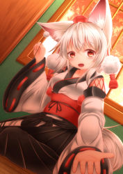 Rule 34 | 1girl, animal ears, detached sleeves, dutch angle, fang, from below, hat, inubashiri momiji, kourindou tengu costume, looking at viewer, mimikaki, nyanuki, obi, open mouth, outstretched hand, pom pom (clothes), red eyes, sash, short hair, sitting, solo, sunset, tail, tokin hat, touhou, wariza, white hair, window, wolf ears, wolf tail, wooden floor