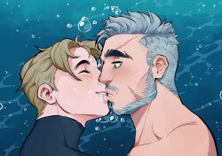 Rule 34 | 2boys, after kiss, air bubble, bara, beard, bodysuit, bubble, coral island, couple, diving suit, facial hair, from side, full beard, highres, looking at another, male focus, mature male, multiple boys, mustache, nude, original, portrait, profile, protagonist (coral island), scar, scar on face, semeru (coral island), short hair, sideburns, soapboii1, thick beard, thick eyebrows, underwater, wetsuit, yaoi
