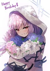 Rule 34 | 1girl, absurdres, atsuko (blue archive), black gloves, blue archive, blue flower, blush, bouquet, commentary request, cross-laced clothes, cross-laced sleeves, flower, gloves, halo, happy birthday, highres, holding, holding bouquet, hood, hood up, hooded jacket, jacket, long hair, long sleeves, looking at viewer, madotsukumo, pink flower, purple flower, purple hair, red eyes, simple background, smile, solo, teeth, white background, white flower, white jacket