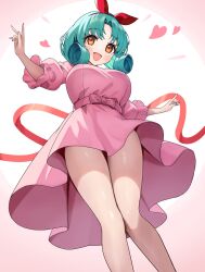 Rule 34 | 1girl, absurdres, bare legs, blush, bow, brown eyes, dot nose, dress, feet out of frame, flipped hair, frilled sleeves, frills, from below, green hair, hair ribbon, highres, idolmaster, idolmaster million live!, legs, looking at viewer, medium hair, open mouth, parted bangs, pink background, pink bow, pink dress, puffy sleeves, ransol, red ribbon, ribbon, solo, thigh gap, thighs, tokugawa matsuri, white background