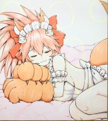 Rule 34 | 1girl, :3, animal ear fluff, animal ears, animal hands, apron, blush, bow, breasts, cat hair ornament, claws, closed eyes, commentary request, eyebrows hidden by hair, eyelashes, fate/grand order, fate (series), fox ears, fox girl, fox tail, frilled apron, frills, gloves, graphite (medium), hair between eyes, hair bow, hair ornament, highres, long hair, lying, maid headdress, medium breasts, naked apron, on side, paw gloves, photo (medium), pink hair, ponytail, red bow, sideboob, simple background, sleeping, solo, tail, tamamo (fate), tamamo cat (fate), tamamo cat (third ascension) (fate), traditional media, white apron, ystrann