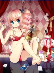 Rule 34 | 10s, 1girl, :q, ace (playing card), alcohol, armpits, bare legs, bare shoulders, barefoot, between thighs, blonde hair, blue eyes, blush, bottle, bow, bow bra, bra, breasts, card, checkered background, cherry blossoms, choko (cup), chris (korezom), clubs, crossed legs, cup, curtains, doll, drill hair, feet, floating card, flower, frills, full body, gyaza, hair ornament, hair ribbon, high heels, holding, indoors, jack (playing card), knees up, kore wa zombie desu ka?, lace, lace-trimmed bra, lace-trimmed panties, lace trim, lamp, legs, lingerie, looking at viewer, navel, panties, pink flower, pink hair, pink rose, playing card, polka dot, red bra, red flower, red panties, red rose, reflection, ribbon, rose, sake, sake bottle, shadow, shoes, side ponytail, sidelocks, sitting, small breasts, smile, soles, solo, striped, tongue, tongue out, twin drills, underwear, underwear only, white flower, white rose