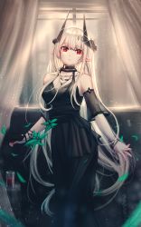 Rule 34 | 1girl, absurdres, arknights, black collar, black dress, black sleeves, breasts, cleavage, collar, curtains, demon horns, deog3, detached sleeves, dress, ear piercing, feet out of frame, glass, grey hair, hair ornament, highres, horns, infection monitor (arknights), jewelry, long hair, looking at viewer, medium breasts, mudrock (arknights), mudrock (obsidian) (arknights), necklace, official alternate costume, parted lips, piercing, pointy ears, red eyes, short sleeves, sidelocks, sleeveless, sleeveless dress, solo, very long hair, window